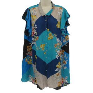 Johnny Was Womens Plus Size 1X NMC12599A-4X Blue Floral Silk Blouse Top Shirt